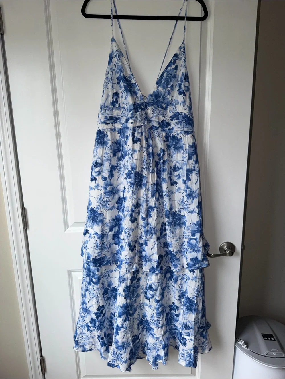 Blue Floral Tiered Maxi Dress with Spaghetti Straps